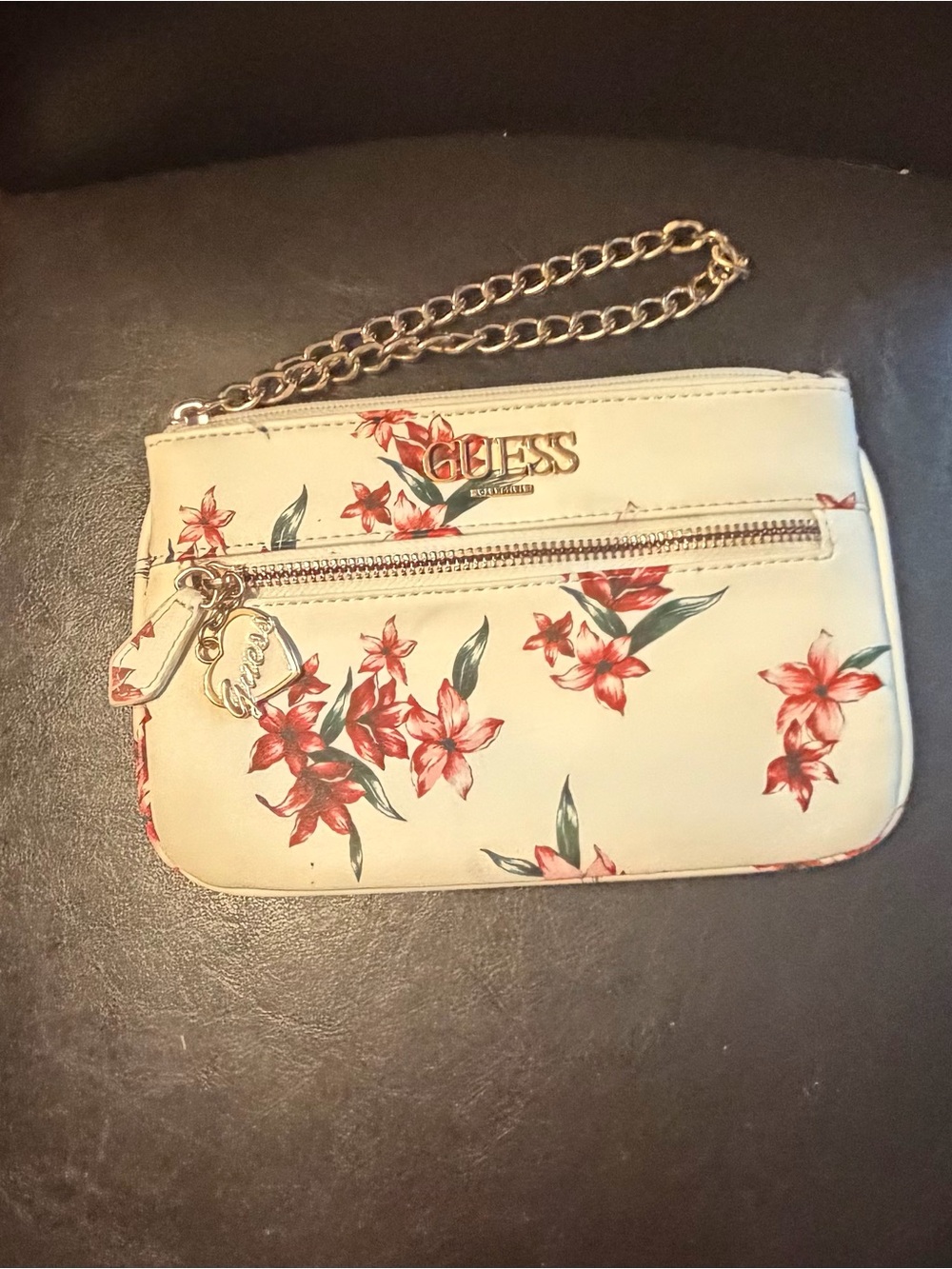 GUESS Cream Floral Chain Wristlet with Red Flowers